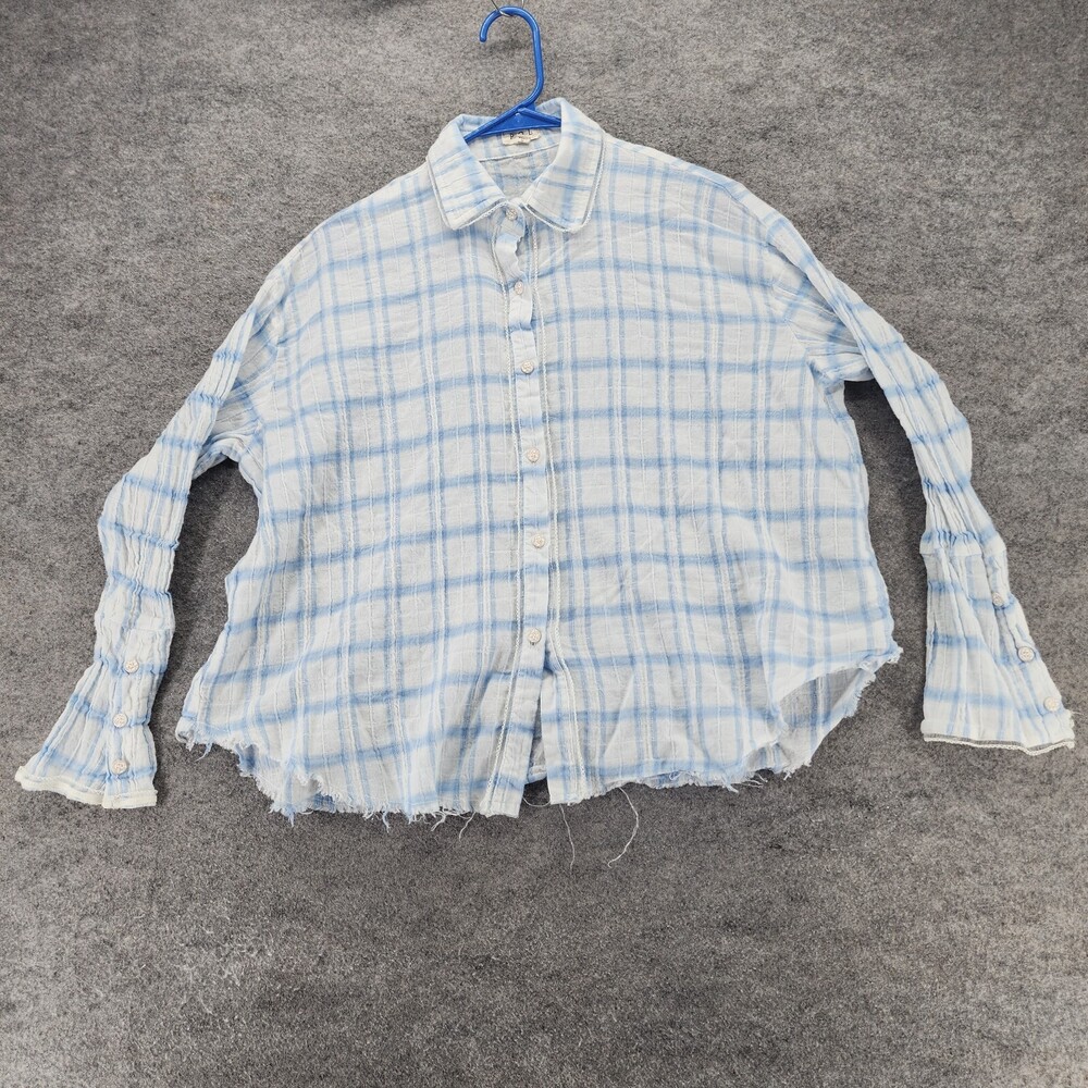 POL Shirt Womens Small Button Up Long Sleeve White Blue Plaid